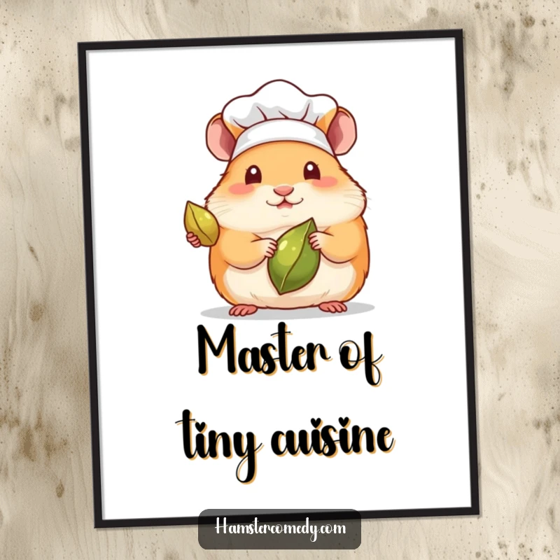 Funny Free Printable Wall Art: Kawaii hamster in a chef hat proudly presents a single seed as if it were a delicacy. Downloadable art.