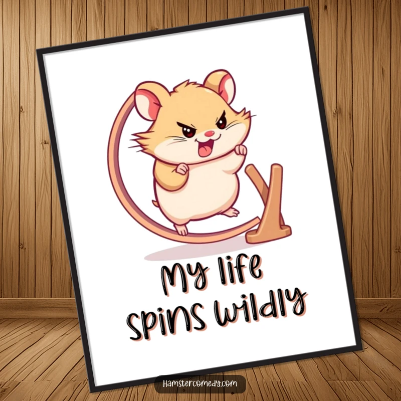 Funny Free Printable Hamster Wall Art: Tiny hamster with determined expression running fast on a spinning wheel, humorous decor.