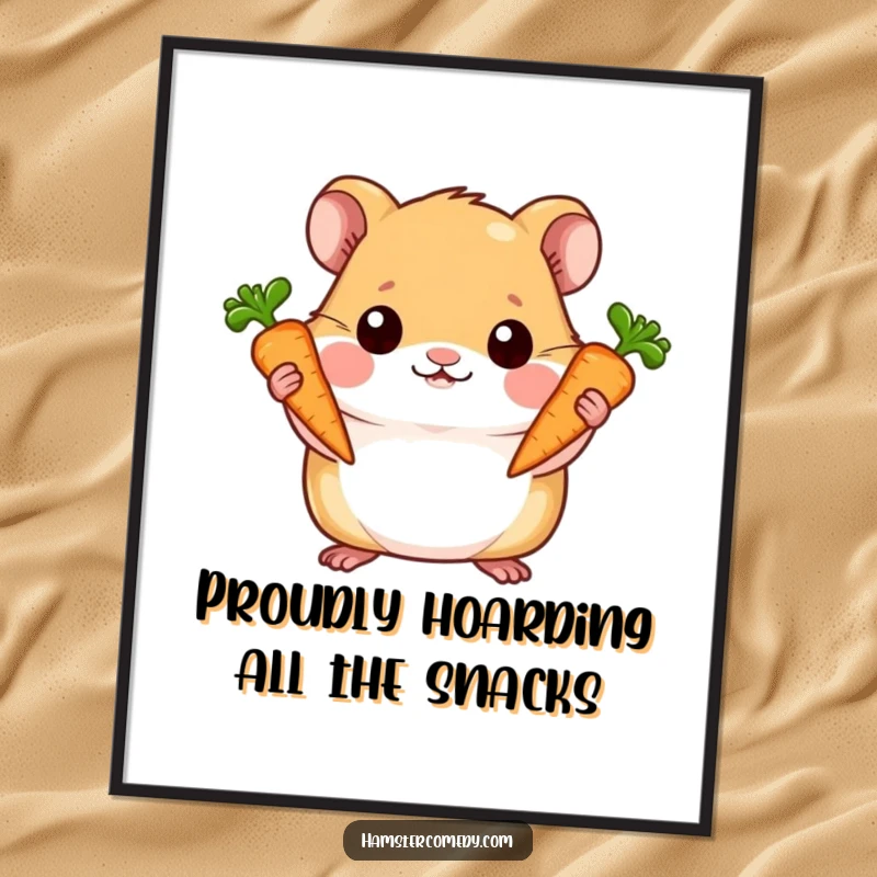 Funny Free Printable Wall Art: A hamster proudly holding two tiny carrots, a symbol of achievement. Downloadable art, print at home.