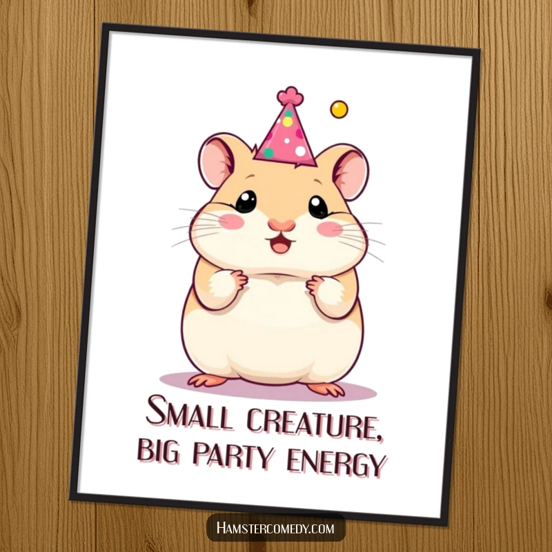 Funny Free Printable Wall Art of a hamster wearing a party hat, enthusiastically celebrating an achievement, ready for framing.