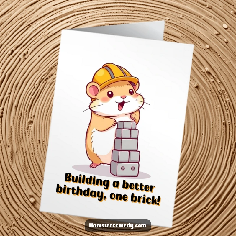 Funny free printable birthday card featuring a determined hamster in a construction helmet, diligently building a tower, ready to celebrate.