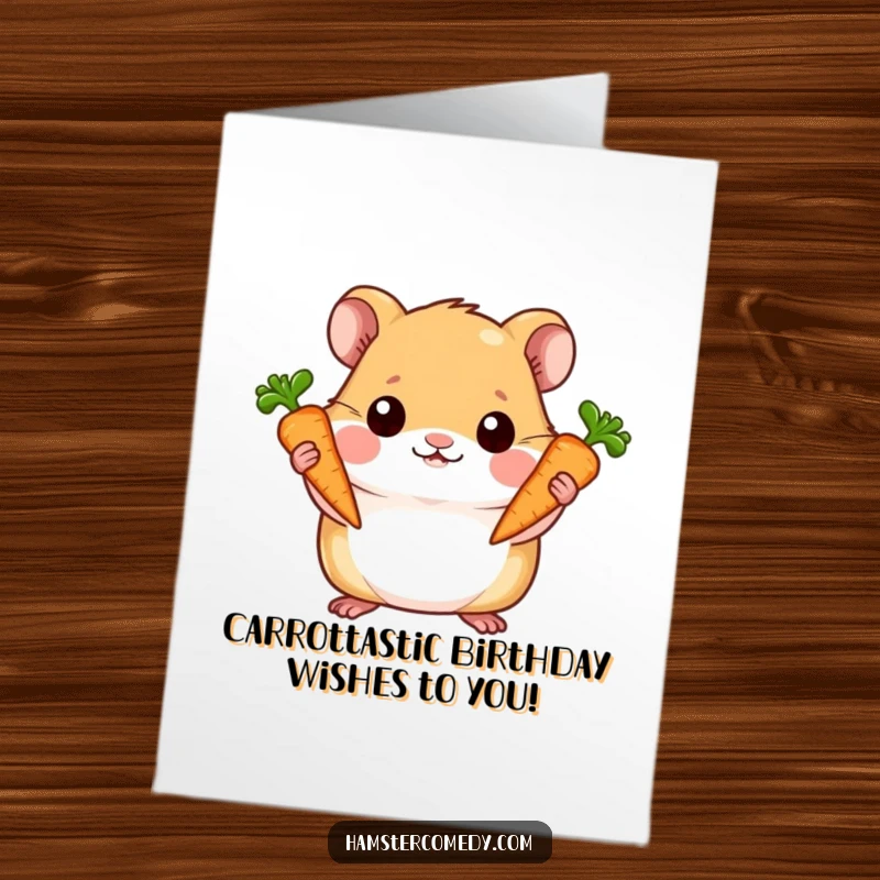 Funny Free Printable Birthday Card: Hamster proudly holding two tiny carrots, celebrating a special day. Downloadable, print at home.
