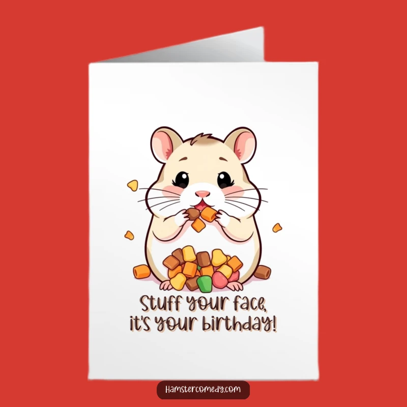 Free Printable Birthday Card: Chubby Hamster Treats - Funny Downloadable Gift
