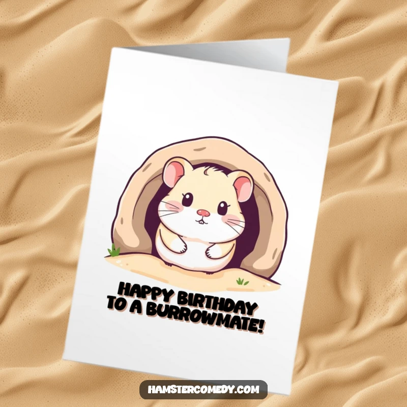 Cute Free Printable Birthday Card with a kawaii hamster playfully peeking out from a soft, cozy burrow.