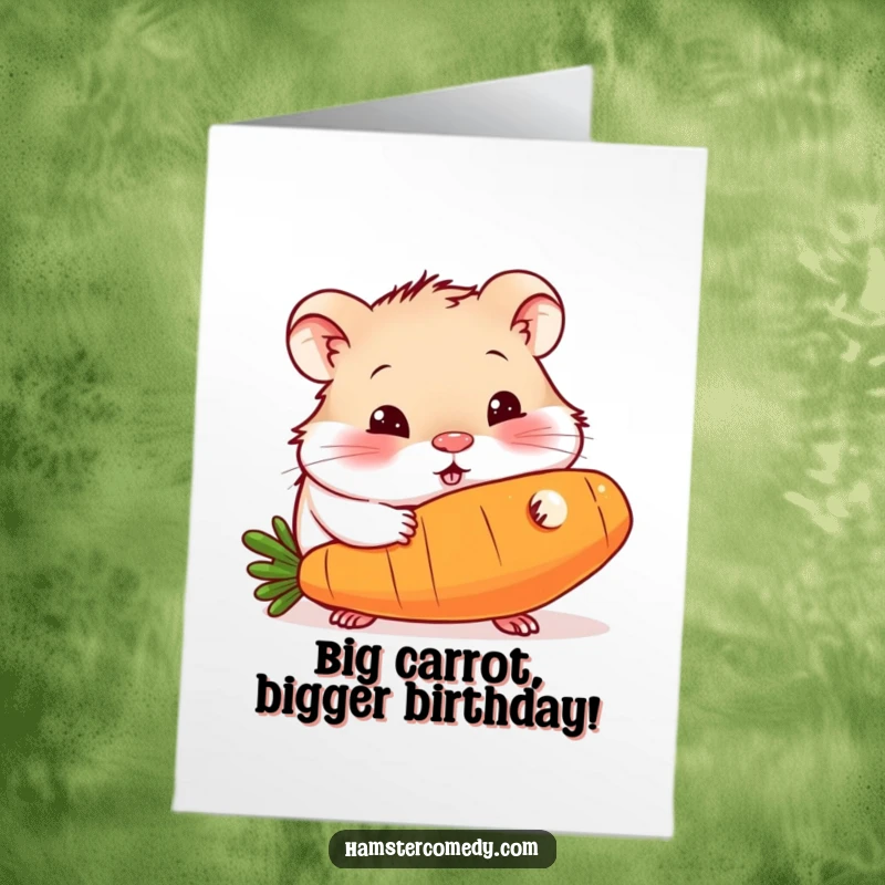 Funny Free Printable Birthday Card: Curious hamster with big eyes nibbling a giant carrot, sharing birthday wishes.