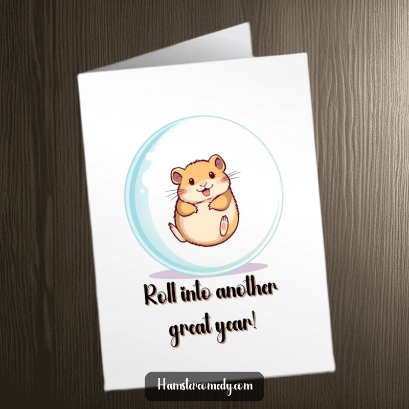 Funny free printable birthday card featuring a hamster gleefully rolling inside a giant transparent ball, celebrating another year with joy.