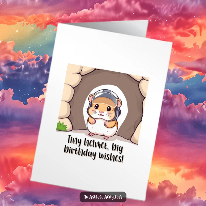 Funny Free Printable Birthday Card: Adorable hamster in a tiny helmet peeking from a tunnel, ready for adventure.