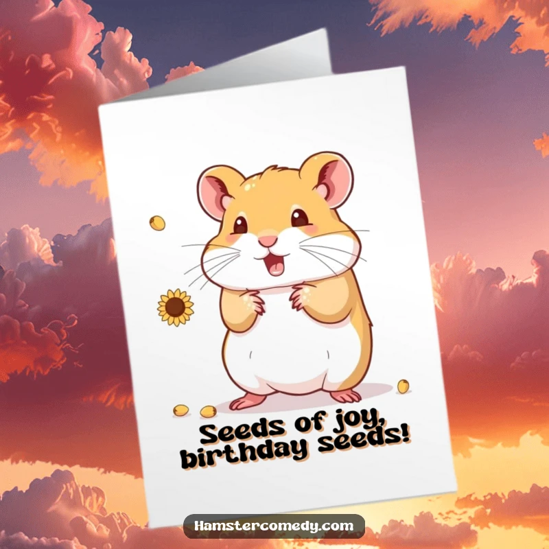 Funny Free Printable Birthday Card: Adorable hamster joyfully juggling tiny sunflower seeds, perfect for a laugh.