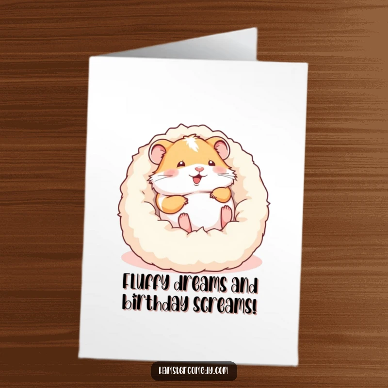 Funny Free Printable Birthday Card: Hamster joyfully rolling in a soft bed, spreading birthday cheer. Downloadable, print at home.