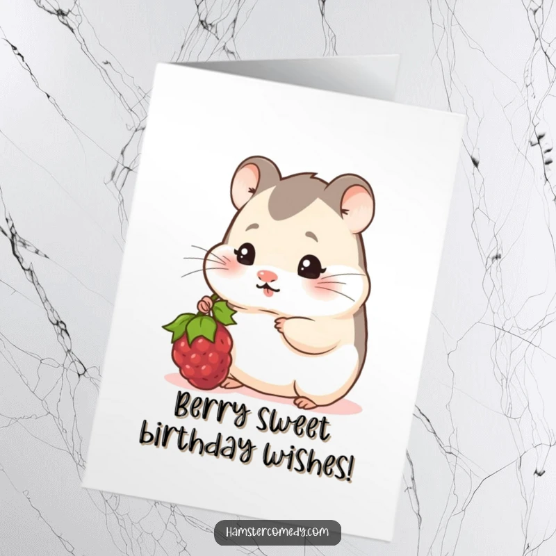 Funny Free Printable Birthday Card: Shy hamster peeking out, offering a delicious berry with a bashful smile.