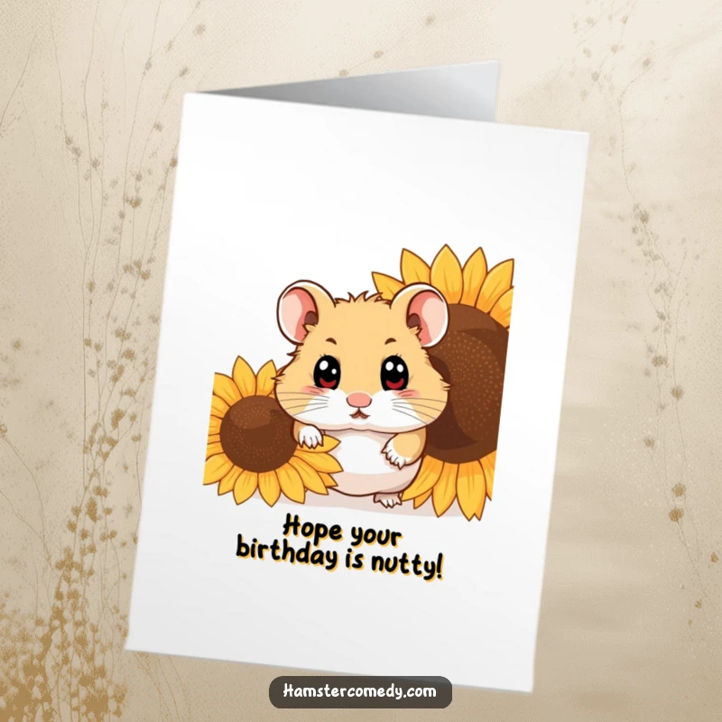 Funny free printable birthday card showing a hamster with big, curious eyes peeking shyly from behind a giant sunflower seed.