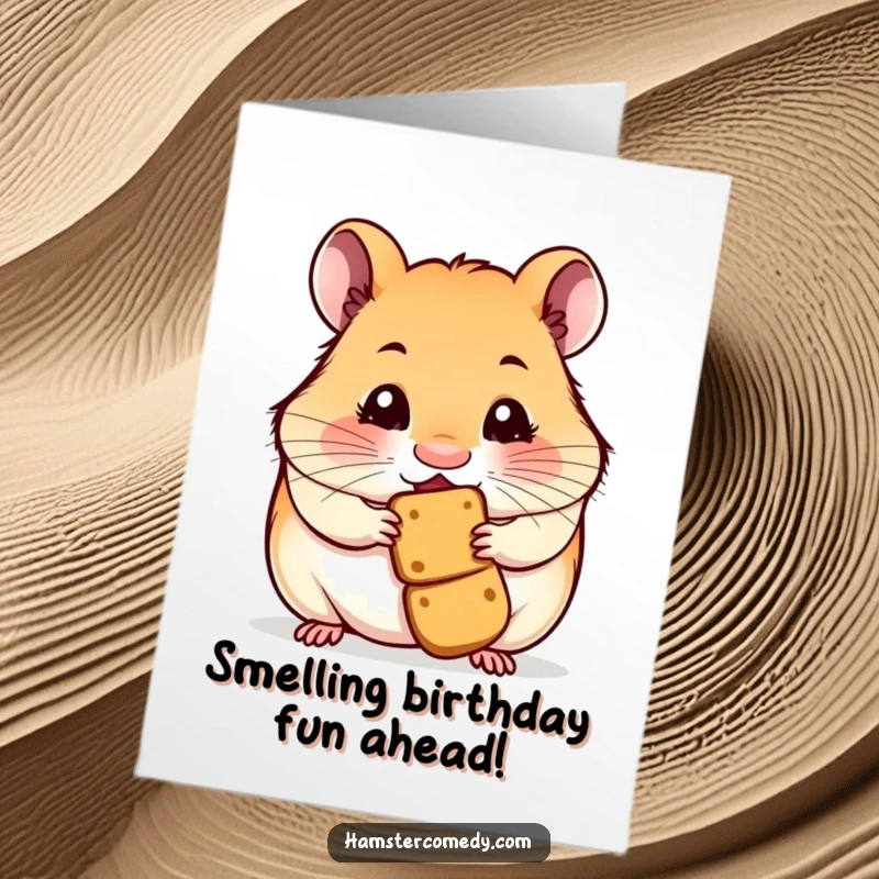 Funny free printable birthday card featuring a cute hamster with its nose twitching, excitedly smelling a delicious birthday treat.