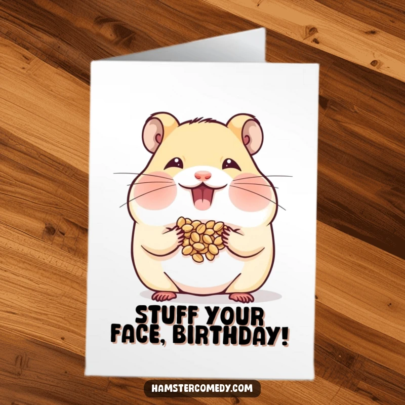 Funny free printable birthday card of a hamster happily stuffing its cheeks full of seeds, ready to celebrate.