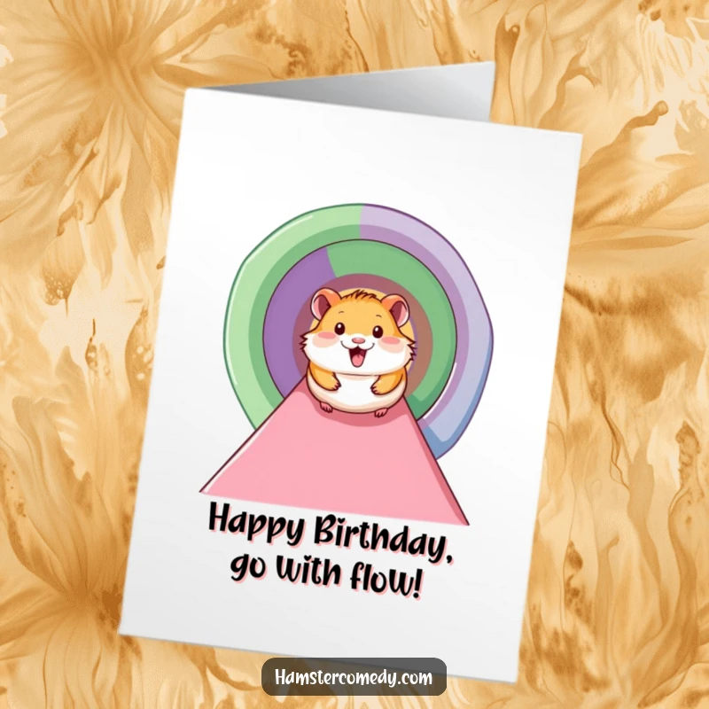 Funny free printable birthday card showing a smiling hamster sliding down a vibrant tunnel, full of birthday cheer.