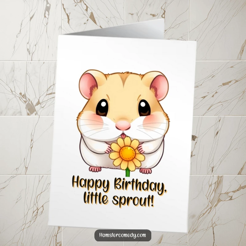 Funny free printable birthday card featuring a wide-eyed hamster curiously sniffing a colorful flower, a delightful surprise.
