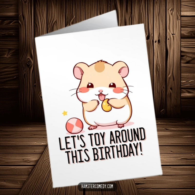 Funny Free Printable Birthday Card: Kawaii hamster playfully batting at a small toy, energetic and cute, perfect for birthdays.