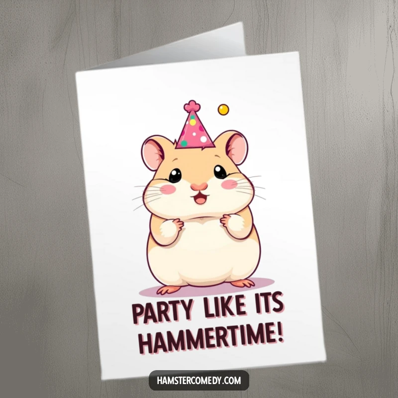 Funny Free Printable Birthday Card featuring a hamster in a party hat, cheering joyfully for a celebration.