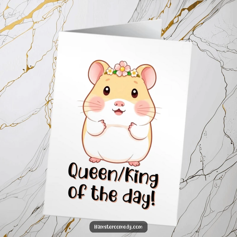 Funny Free Printable Birthday Card: A sweet kawaii hamster looks adorable wearing a delicate tiny flower crown.