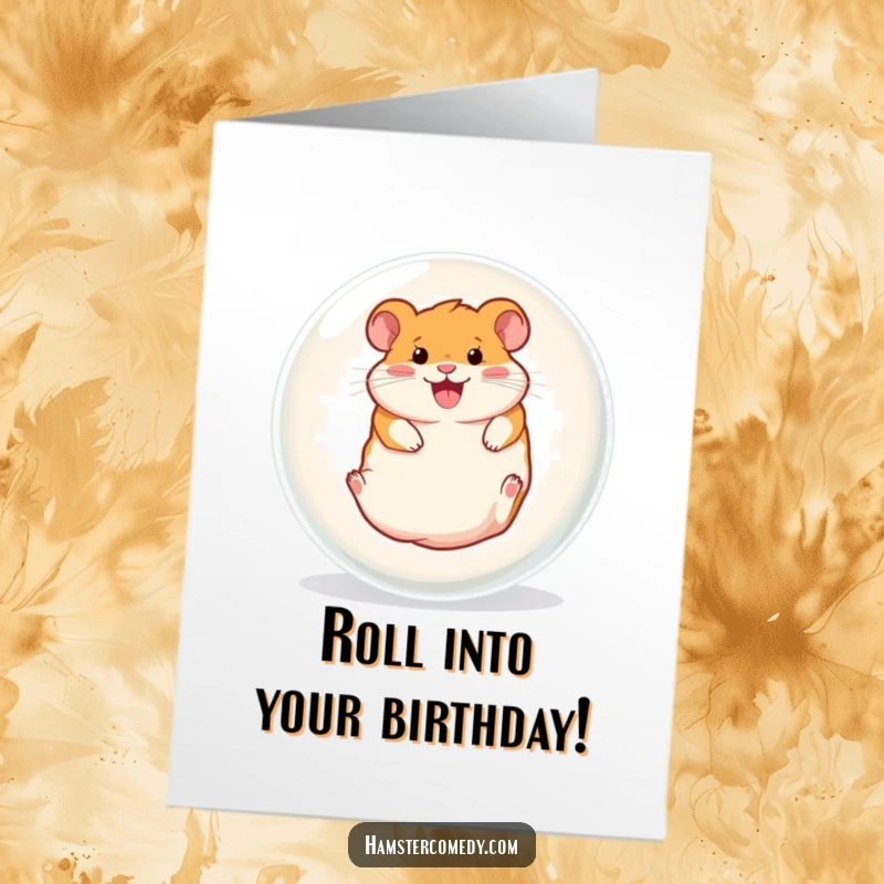 Funny Free Printable Birthday Card: Hamster gleefully rolling inside a giant clear ball, spreading birthday joy.