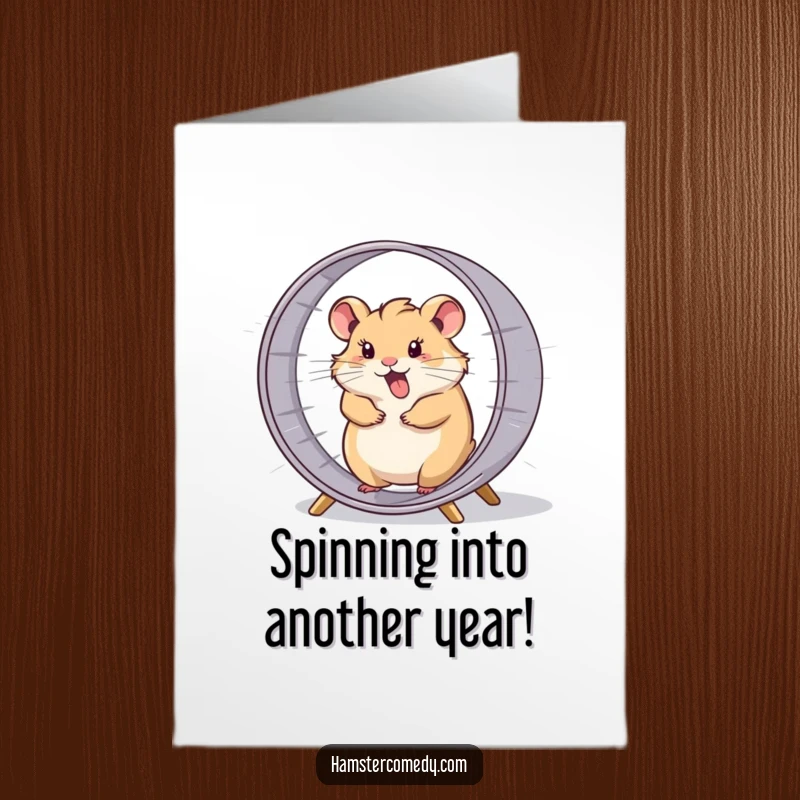 Funny Free Printable Birthday Card: A hamster comically spinning incredibly fast in its wheel, celebrating wildly.