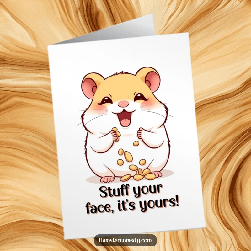 Funny Free Printable Birthday Card: A hamster joyfully stuffing its plump cheeks full of seeds, ready for a party.