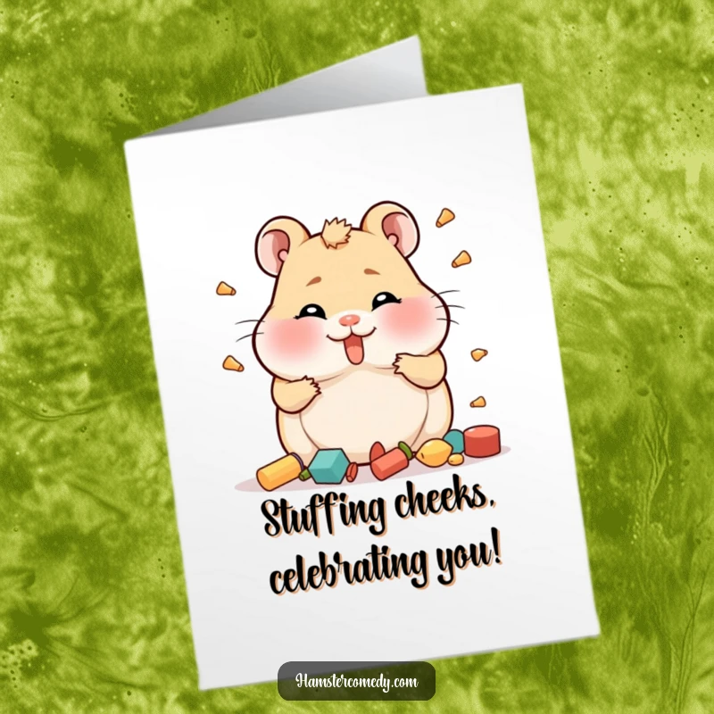 Funny Free Printable Hamster Birthday Card, showing a chubby-cheeked hamster comically attempting to hoard multiple items.