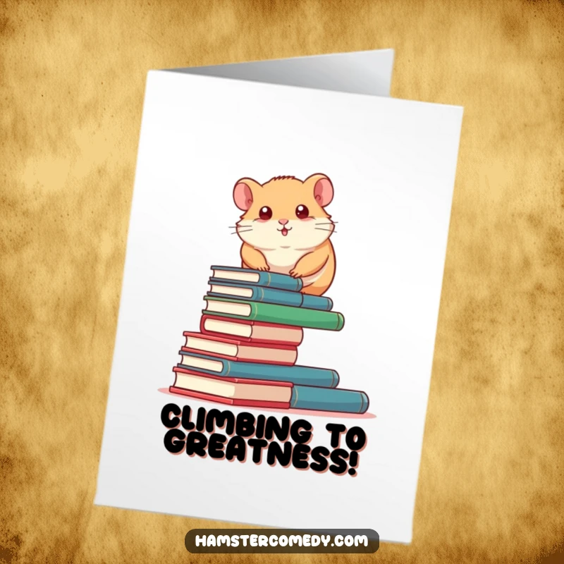 Funny Free Printable Congrats Card: Determined hamster scaling a tower of books, acknowledging a brilliant accomplishment.