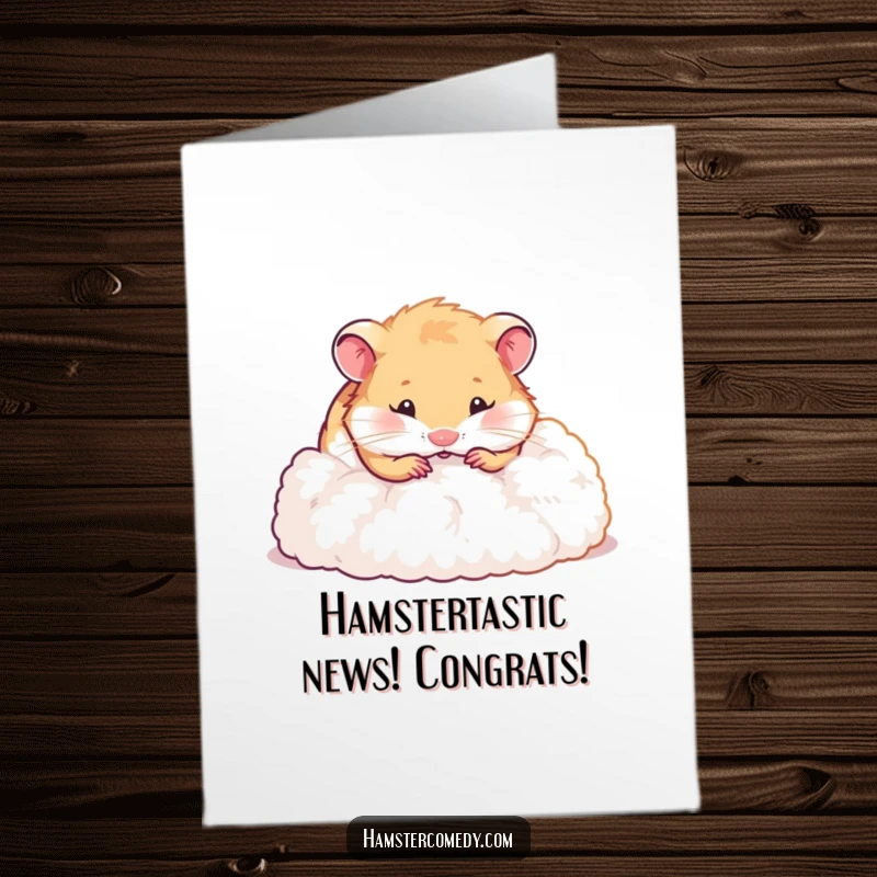 Free printable congratulations card showing a happy hamster digging enthusiastically in soft fluff, a funny way to celebrate.