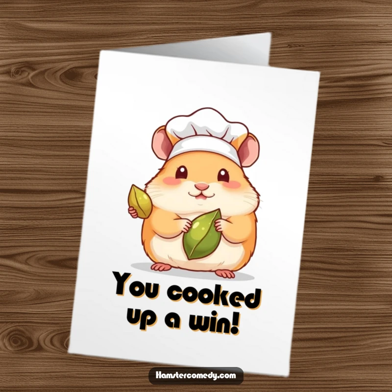 Funny Free Printable Congratulations Card: Tiny chef hamster presents a seed like a Michelin-star dish, celebrating a win. DIY congrats gift.