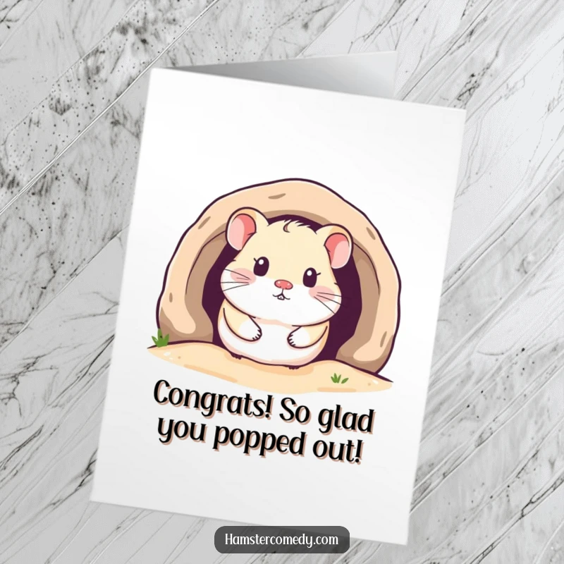 Cute Free Printable Congratulations Card featuring a kawaii hamster blissfully peeking from its warm, inviting burrow.