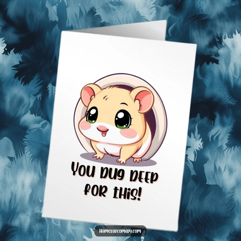 Funny Free Printable Congratulations Card: Wide-eyed kawaii hamster cautiously explores a tunnel, symbolizing new beginnings. DIY congrats gift.