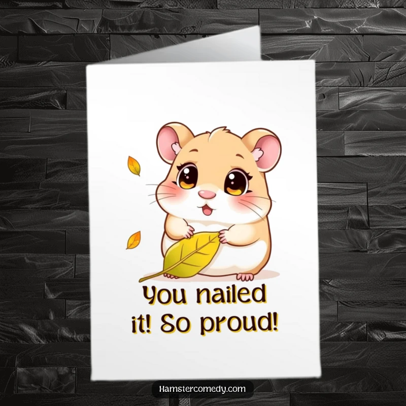 Funny Free Printable Congratulations Card featuring a wide-eyed kawaii hamster captivated by a falling autumn leaf.