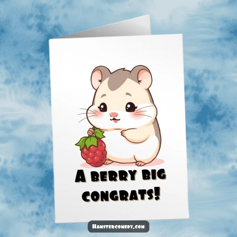 Funny Free Printable Congrats Card: Shy hamster peeking, offering a berry to celebrate a sweet success.