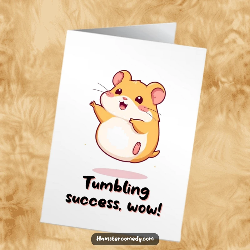 Funny free printable congratulations card: A kawaii hamster performing a quick somersault, celebrating your amazing accomplishment.