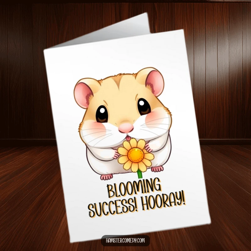Free printable congratulations card showcasing a curious hamster with big eyes sniffing a flower, perfect for celebrating wins.