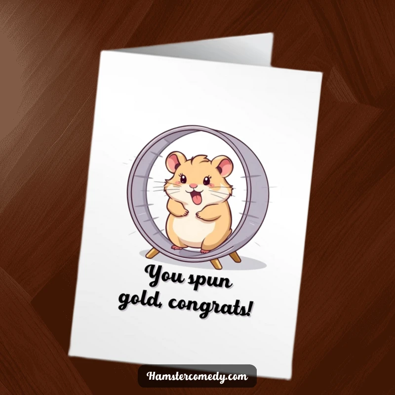 Funny Free Printable Congratulations Card: A hamster spinning its wheel at high speed, symbolizing fast-paced success.