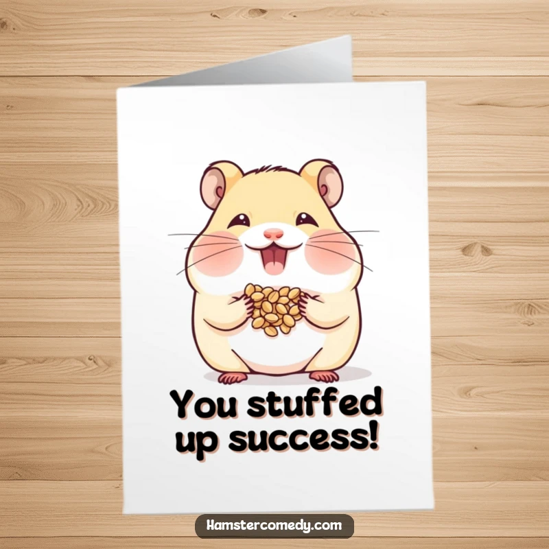 Funny free printable congratulations card of a hamster happily stuffing its cheeks with seeds, celebrating a bountiful achievement.