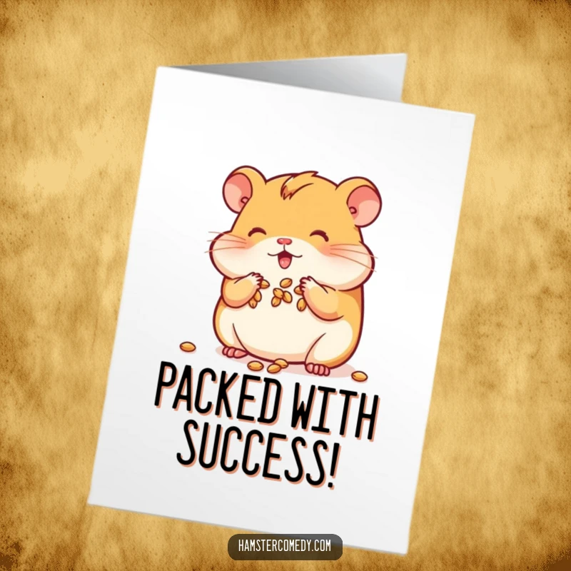 Funny Free Printable Congrats Card: Kawaii hamster proudly stuffs its cheeks full of tasty seeds, a sweet success.