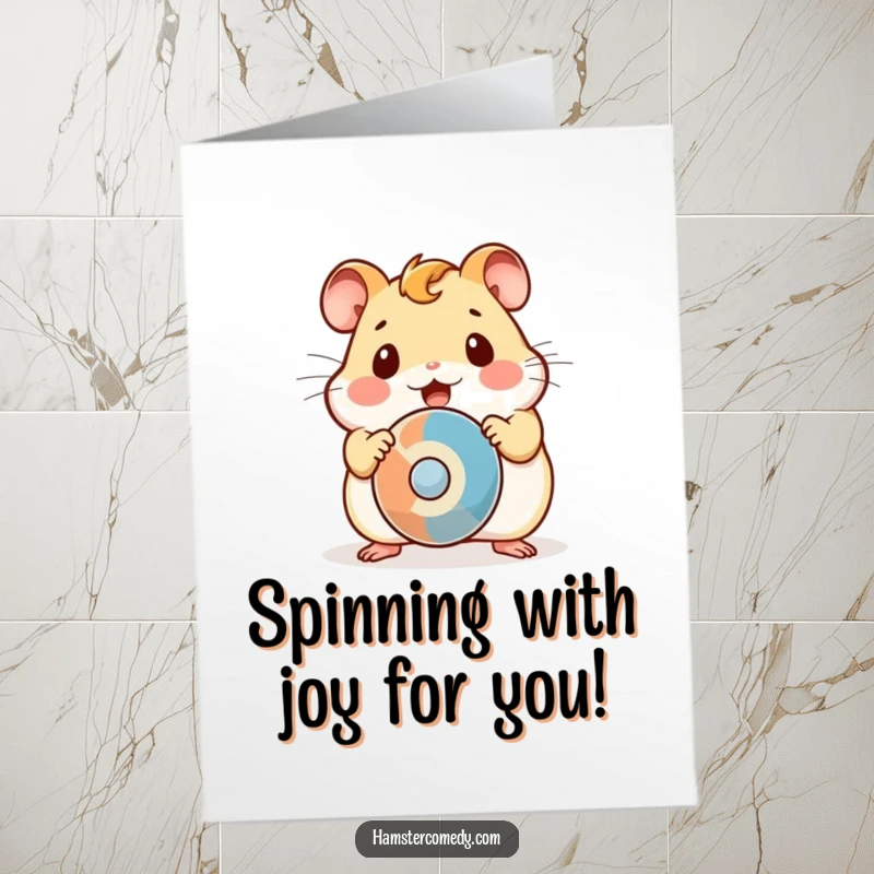 Funny free printable congratulations card: A kawaii hamster looking utterly surprised by a rapidly spinning object.
