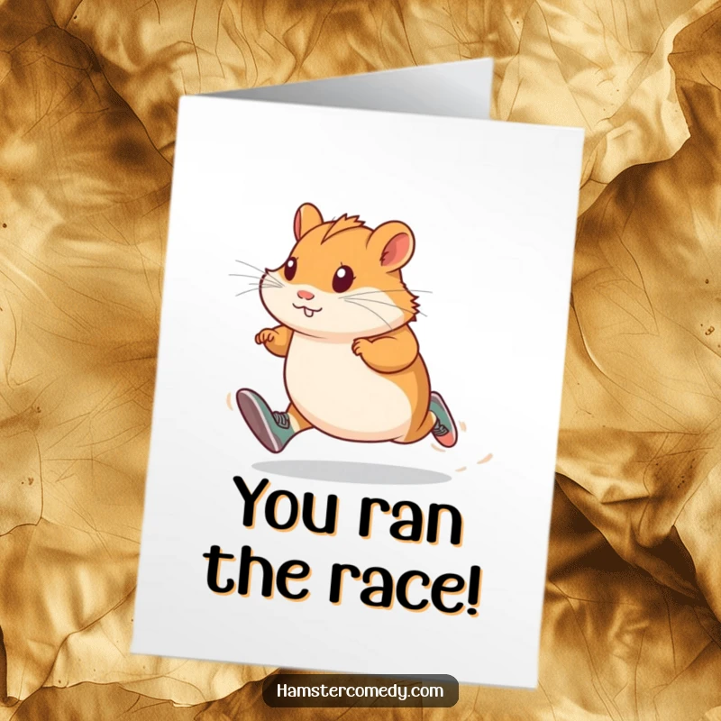 Funny Free Printable Hamster Congratulations Card: A determined hamster in tiny running shoes is sprinting at full speed.