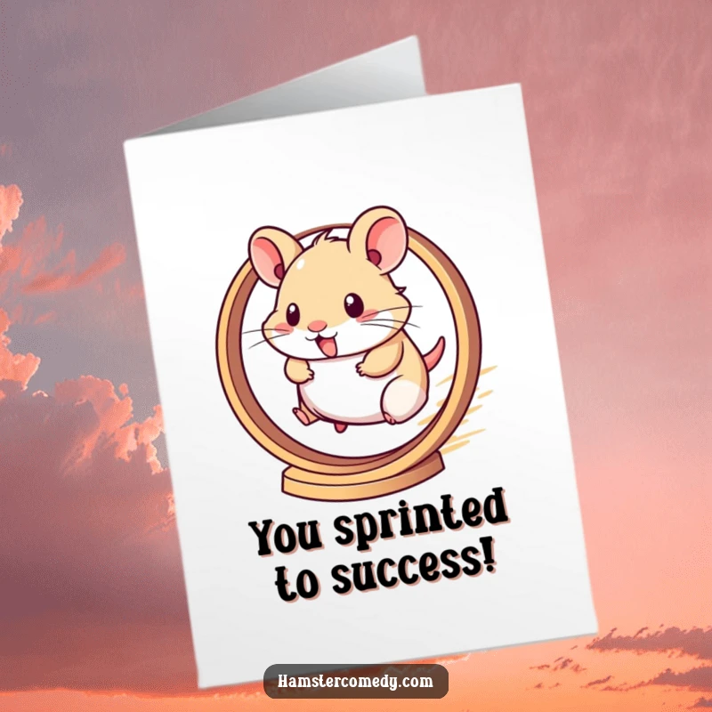 Funny Free Printable Congratulations Card: Energetic kawaii hamster on a wheel, celebrating a win, ideal for a DIY congratulations gift.
