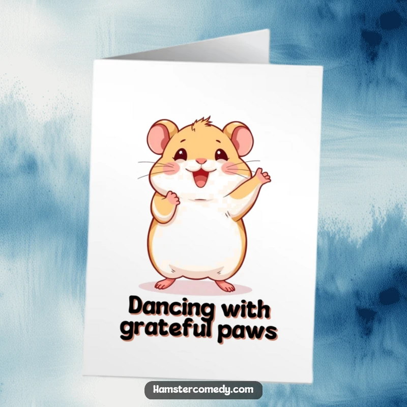 Funny free printable thank you card depicting a hamster joyfully doing a tiny dance with its front paws in the air.