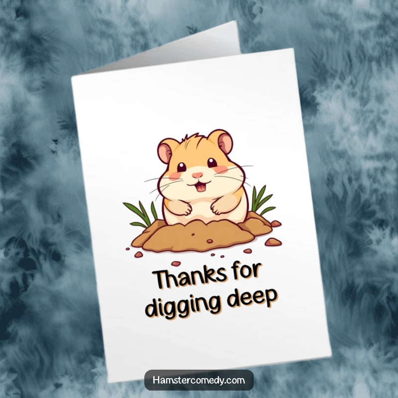 Funny Free Printable Thank You Card: Hamster digging with determined paws, expressing gratitude in a hilarious, energetic way.