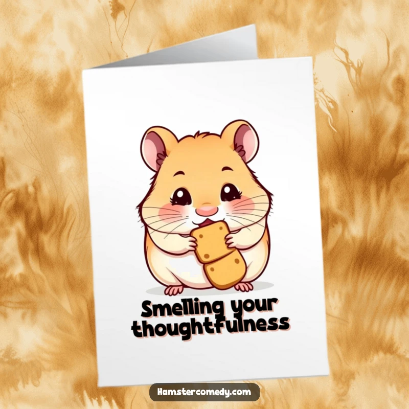 Funny free printable thank you card showing a delightful hamster with its nose twitching, sensing a tasty token of appreciation.