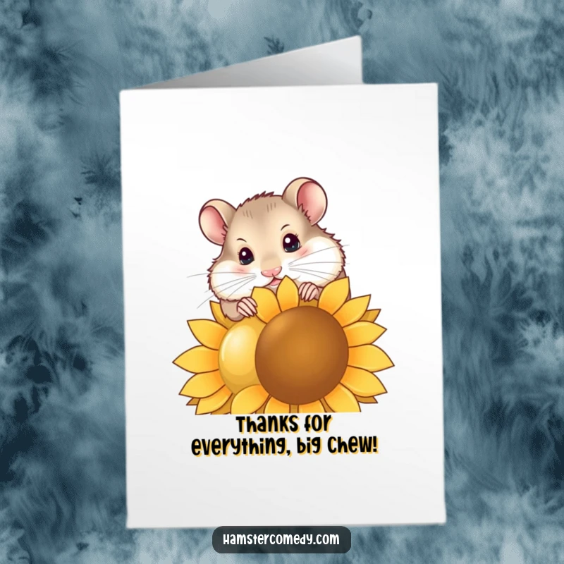 Funny Free Printable Thank You Card: A very cute hamster with a curious head tilt, enjoying a giant sunflower seed.