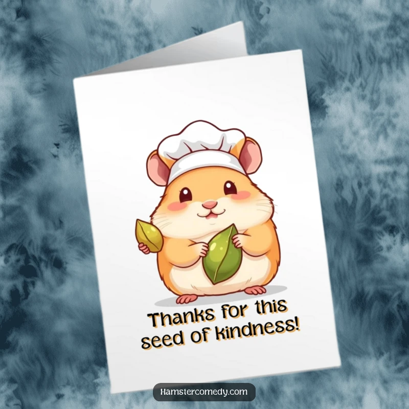 Funny Free Printable Thank You Card: Chef hamster in a tiny hat offers a seed, a humble yet fancy expression of thanks. DIY thank you gift.