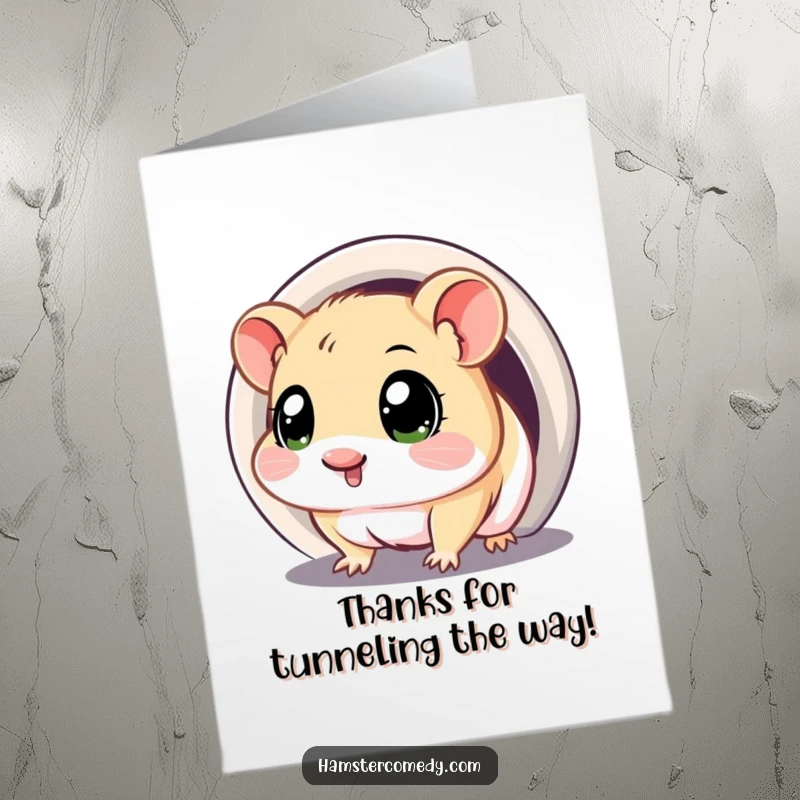 Funny Free Printable Thank You Card: Kawaii hamster with large, questioning eyes peeks into a tunnel, conveying curiosity and thanks. DIY thank you gift.