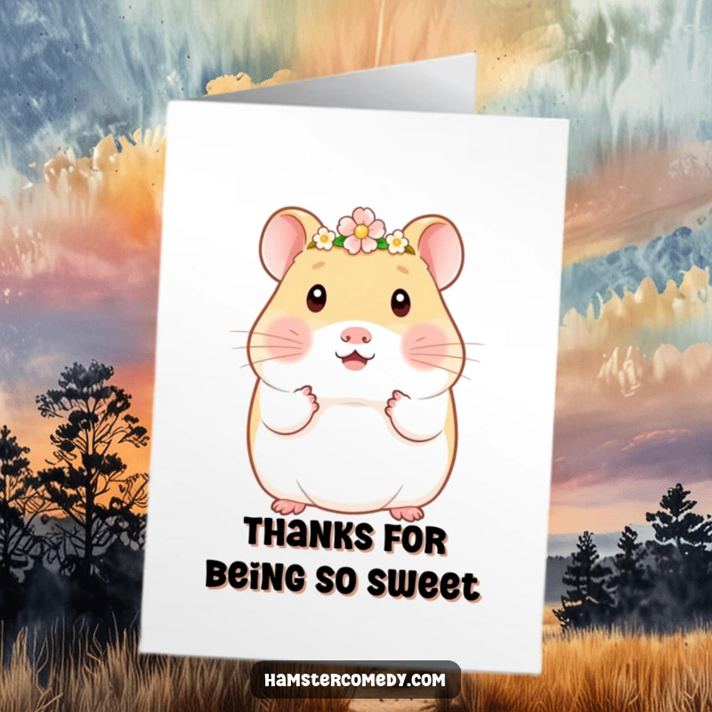 Funny Free Printable Thank You Card: A kawaii hamster looks precious wearing a small, intricate flower crown.