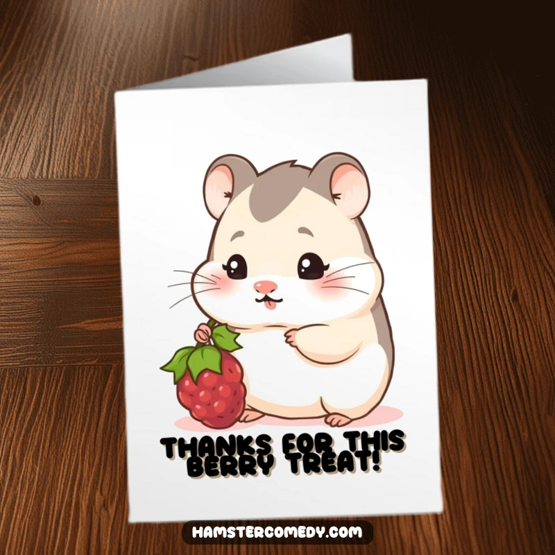 Funny Free Printable Thank You Card: Shy hamster offering a berry, a humble way to say thank you.