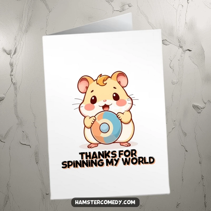 Funny free printable thank you card: A kawaii hamster looking shocked and surprised by a spinning object.